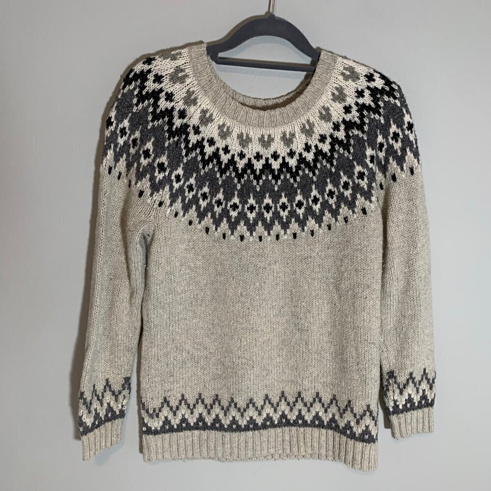 Talbots‎ Fair Isle Sweater Women S Grey Metallic Knit Crew Neck Long Sleeve